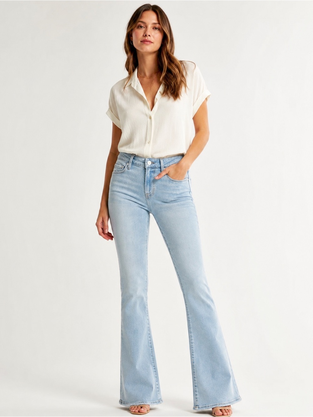 PAIGE Lou Lou Flare Jeans 32 Macaroon Distressed Light Wash Stretch Denim